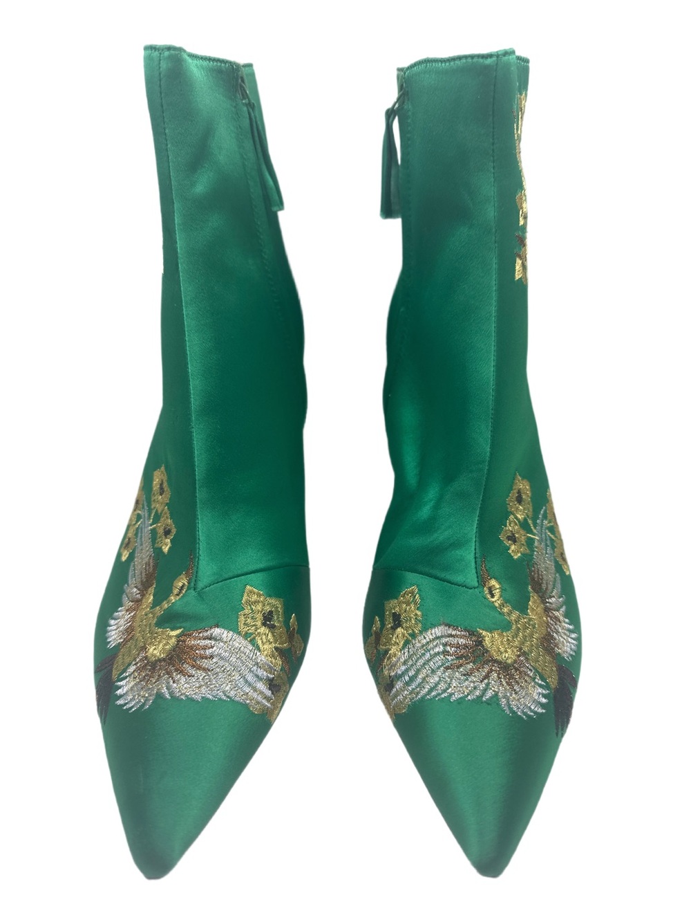 Zara Green Satin Embroidered Bird Floral Ankle Boots EU 42 approximately US 11